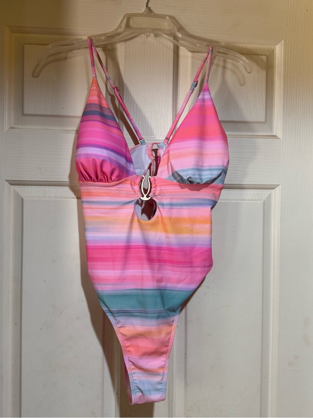 Women's Striped One-Piece Swimsuit in Pink and Teal